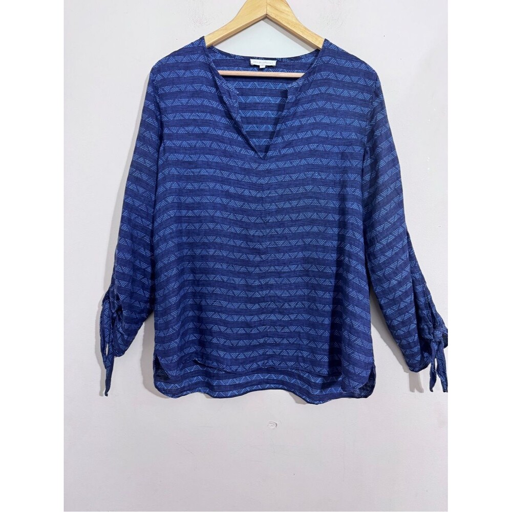 Ann Mashburn Linen Cotton Top Women's Blue Patterned V-Neck Tie-Sleeve size M